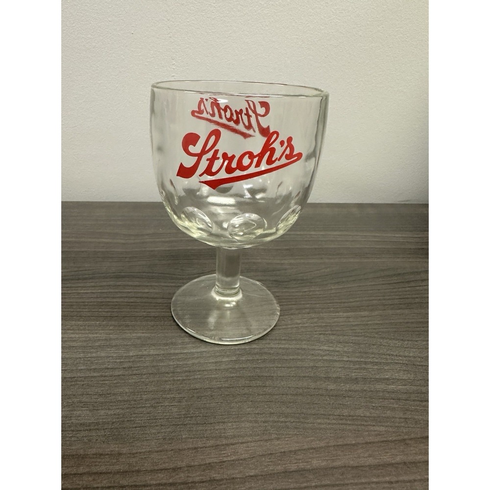 Stroh's Beer Thumbprint Footed Goblet Drinking Alcohol Glass Clear‎ 6" Vintage